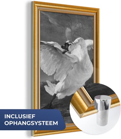 MuchoWow® Glasschilderij 40x60 cm - Schilderij acrylglas - De bedreigde zwaan - Oude meesters - Lijst - Goud - Foto op glas - Schilderijen