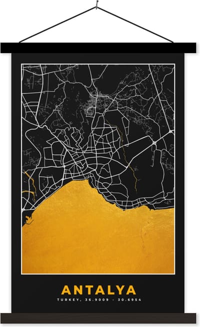 Posterhanger incl. Poster 40x60 cm - Schoolplaat - Antalya - Stadskaart - Plattegrond - Goud - Kaart - Textielposter - Zwarte latten - Stadskaart