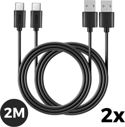 Oplaadkabels USB naar USB C 2m - Set van 2 USB naar USB C fast charge kabels - geschikt voor iPhone 17 / 16 / 15 en Samsung - zwart - WiseQ