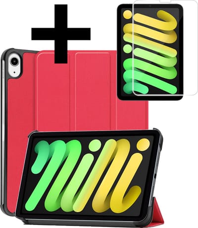 Hoes - Geschikt voor Apple iPad Mini 7 (2024) - 8.3 inch - 7e Generatie - Met Screenprotector - Trifold Bookcase - Hard Cover - Hardcover Book Case - Tablet Hoesje - Rood