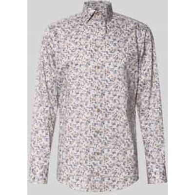 OLYMP Luxor modern fit overhemd - mouwlengte 7 - dobby - beige met blauw en groen dessin - Strijkvrij - Boordmaat: 40 (EU maat: M)