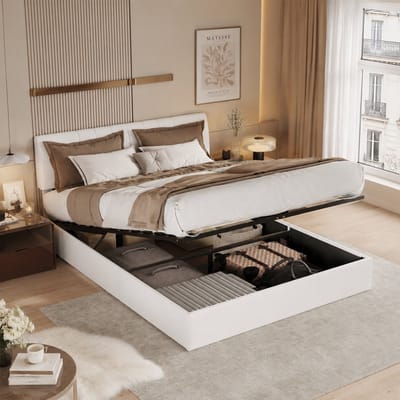 Opbergbed 140x190 cm met lattenbodem, tweepersoonsbed met hydraulisch opbergvak en stekkerdoos, in hoogte verstelbaar gestoffeerd hoofdeinde, bedframe voor volwassenen en tieners, teddyfluweel Wit