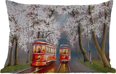 Buitenkussens - Tuin - Schilderij - Olieverf - Tram - Bloesemboom - 50x30 cm