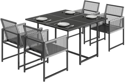Tuinset - 5-delige Zitgroep - met 1 Glazen Tuintafel met & 4 Ademende, Opklapbare Stoelen met Touwrugleuningen- Tuinmeubelset voor 4 Personen - Tuintafelset - Tuin Eetset - Diningset - Zitset - voor Terras, Balkon, Tuin - Lichtgrijs