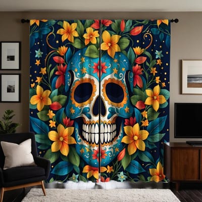 2 stuks set HD Mexicaanse Dag van de Doden Bloemen Bloemen gordijn Blauwe Stropdas digitaal bedrukt gordijn Huisdecoratie stijl Versieren Wonen W52H84inchW132H213cm blue