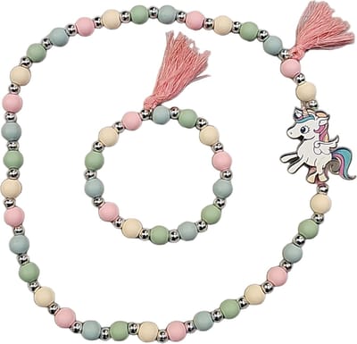 Fako Bijoux® - Kinderketting en Armband - Hout - Eenhoorn Kwastjes