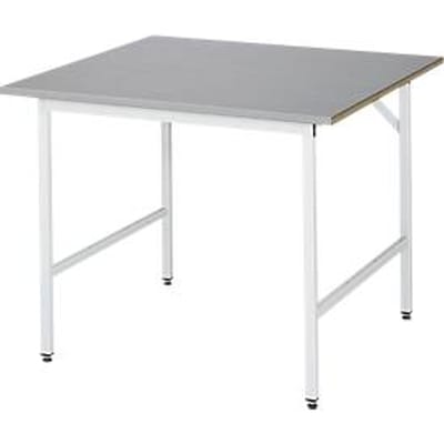 Rau werktafel Jerry, handmatig in hoogte verstelbaar, 25 mm MDF blad met roestvrij stalen bekleding, tot 300 kg, B 1000 x D 1000 x H 800-850 mm, zilver/grijs