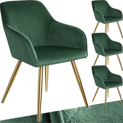 tectake® Eetkamerstoel Marilyn - Set van 4 - Met Armleuningen - Elegante Stoel met Gevoerde Zitting in Fluweellook - Gestoffeerd - Gouden metalen poten - Ergonomische Keukenstoel - Stoel voor Woonkamer, Eetkamer en Slaapkamer - Donkergroen