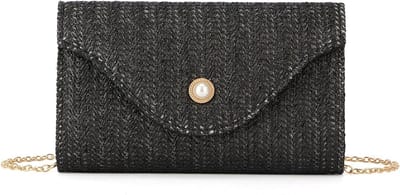 Kleine gevlochten tas voor dames van synthetisch stro, ideaal voor strand, bruiloft en vakantie met pareldetails