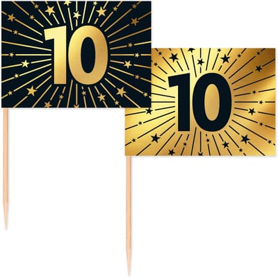 50 Vlagprikkers goud / zwart 10 jaar - Golden Celebrations - Hapjes Cocktailprikkers Tapas Prikkers Feestje