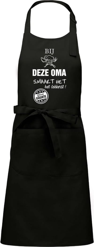 Cadeauschort - tekstschort - Keukenschort - BBQ schort - verjaardag - moederdag - het smaakt het lekkerst bij deze Oma - zwart