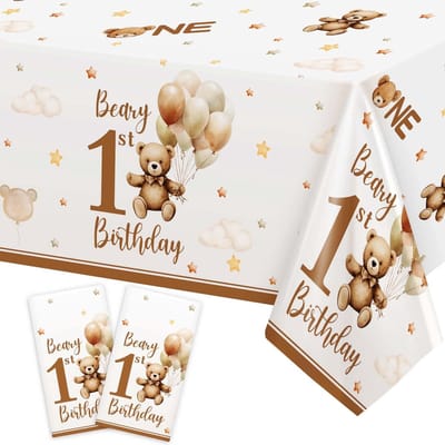Dailygoods- Tafelkleed Groot Formaat 137 x 274 cm - Verjaardag Tafelkleed - Beer Tafelkleed - Decoratie Tafelkleed - Eerste Verjaardag - Feestdecoratie - Verjaardagstafelkleed