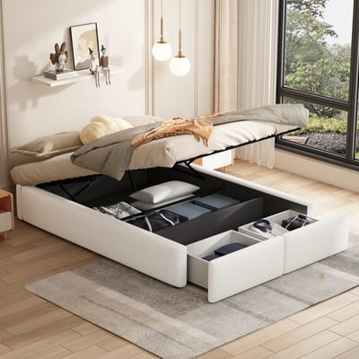 SINGULARITY-140 x 200 cm gestoffeerd bed- platformbed- gestoffeerd bed zonder hoofdbord- met hydraulische opbergruimte en 2 lades- wit- zonder matras