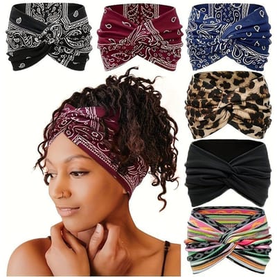 6 boho-haarbanden voor dames, vintage bedrukte elastische haarbanden, antislip stijlvolle haaraccessoires, set met verschillende knoopstijlen gray