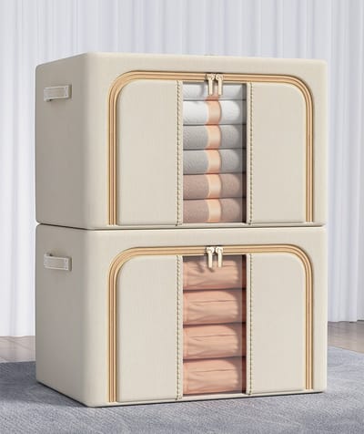 66L-2 Stuks opvouwbare opbergbox-66L-Grote opvouwbare opbergdoos van Oxford-stof met stalen frame - speelgoedopbergdoos - kledingopberger - grote opbergzakken en opbergdozen voor onder bed en kledingkast - Beige