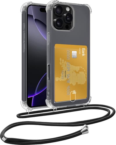 Hoesje Geschikt voor iPhone 16 Pro Hoesje Met Telefoonkoord en Pasjeshouder Siliconen - Hoes Geschikt voor iPhone 16 Pro Hoesje Met Kaarthouder Shock Proof Case - Transparant