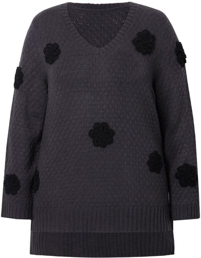 MIAMODA - Dames - Pullover classic fit 3D-bloemen zijsplitten - Antraciet - Maat 50+