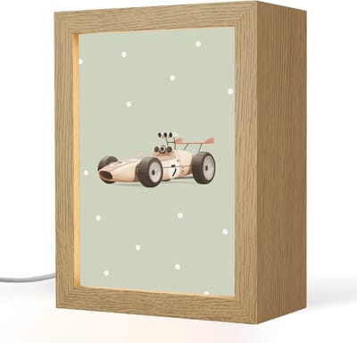 Nachtlampje 15x20 cm - Kinder lampje - Beige - Raceauto - Stippen - Tafellamp kinderkamer - Slaapkamer lamp - Bedlamp kinderen - Kinderlampje stopcontact - Wandlamp babykamer - Nachtlampjes