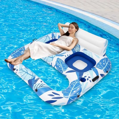 Opblaasbaar luchtbed - Dubbel zitje zwembad - Waterplezier ontspannen - Met bekerhouders - 165 x 152 cm - Wit blauw