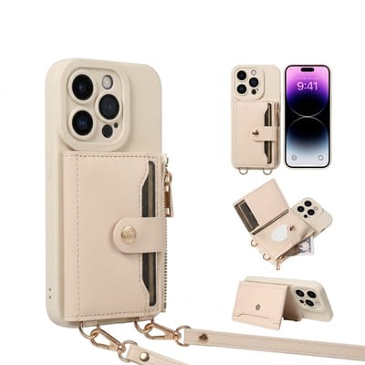 Beige telefoon hoesje met portemonnee en rits geschikt voor iPhone 15 Pro – kunstleer beschermende case voor dames en heren met pasjeshouder, druksluiting, afneembare draagkoord en standaard functie
