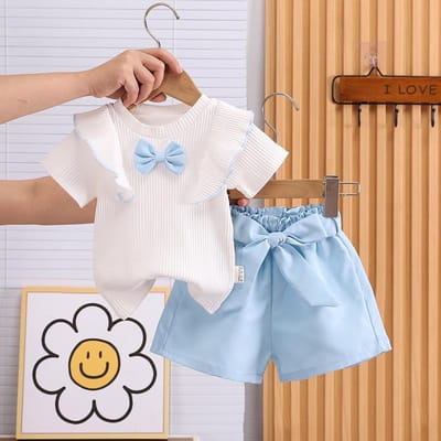 Baby Meisjes Kleding Zomer Outfit Set Strik Top En Korte Broek 2-Delig Kinderkleding Ensemble voor Meisjes 12M gray