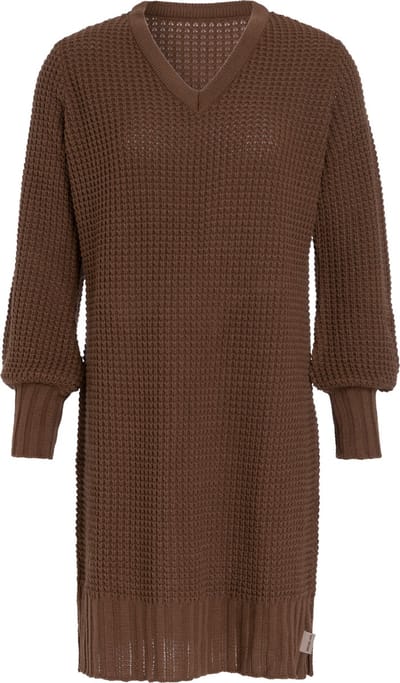 Knit Factory Robin Dames Jurk - Gebreide Trui Jurk - Wollen jurk - Herfst- & winterjurk - Wijde jurk - V-hals - Tobacco - 36/38 - Knielengte