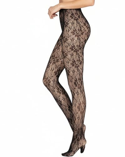 Caresse Panty Floral Lace - Kanten Netpanty met Bloemenmotief - Zwart