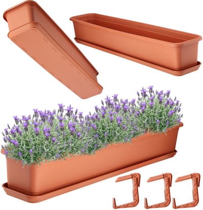 KADAX Bloembak 80 cm met onderstel en houder, terracotta, balkonbak van kunststof, plantenbak voor binnen en buiten, bloempot voor balkon