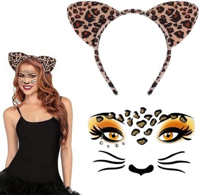 Hoofdband met luipaardprint en gouden stickers, ideaal voor dames kostuums, cosplay en feestjes, zacht en hypoallergeen materiaal