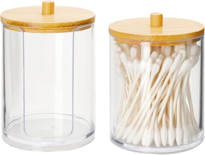 2 Stuks Katoenen Wattenstaafjes Houder en Katoenen Pad Dispenser met Bamboe Deksel - Make-up Organizer en Opbergbak voor Watten, Katoenen Pads en Tandzijde