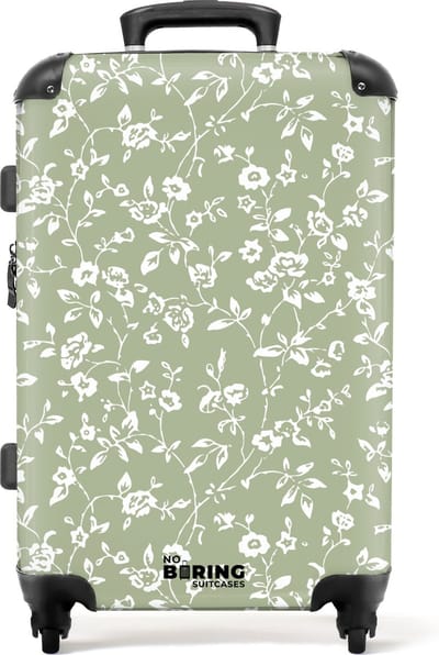 NoBoringSuitcases.com® - Koffer groot - Rolkoffer lichtgewicht - Licht groen met witte bloemen - Reiskoffer met 4 wielen - Grote trolley XL - 20 kg bagage