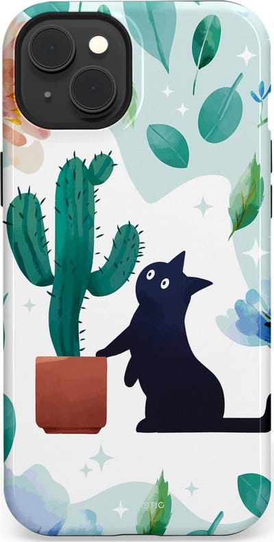 Casetastic hoesje geschikt voor Apple iPhone 15 Plus - MagSafe - Dubbellaagse bescherming - Cactuskat - Fashion Case - Lichtgrijs Turquoise Wit Mintgroen