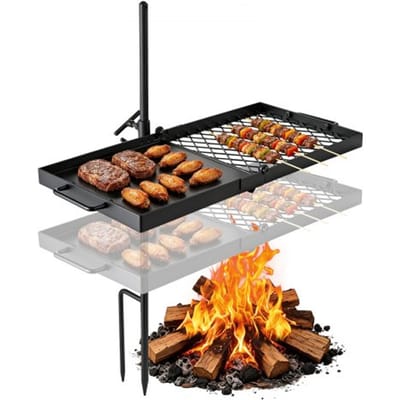 VEVOR draaibare campinggrill met 61 cm koolstofstalen grillrooster, 360° in hoogte verstelbare draaibare grill met grillstandaard, draaibare buitengrill voor open vuur, kamperen en tuinieren, zwart