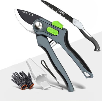 Airaj Snoeischaar incl. takkenzaag - Bloemenschaar - Takkenschaar - Tuinschaar - Max. Ø 35mm - Zilver - Handschoenen + opbergdoos + draagkoord
