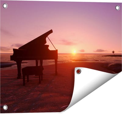 Gards Tuinposter Piano op het Strand bij Zonsondergang - 50x40 cm - Tuindoek - Tuindecoratie - Wanddecoratie buiten - Tuinschilderij