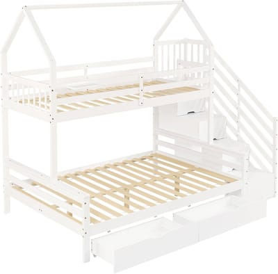 REDOM Kinderstapelbed 90x200 & 140x200 cm – Wit – Met dak, trapkast & 2 uitschuifladen – Kindvriendelijk