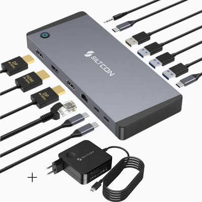Siltcon® 14 in 1 - Docking Station Laptop – USB C Hub – USB C Dock - 2x Display Link (DP) 4K 60Hz – 1x HDMI 4K 60Hz – 100W Thunderbolt 4 – RJ45 gigabit – 4x USB-A 3.2 – 4x USB-C 3.2 - Plug & Play Geen Drivers – Incl. 100W USB-C Adapter - Spacegrey