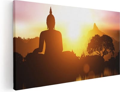 Artaza Canvas Schilderij Boeddha - 40x20 cm - Klein - Wanddecoratie Zonsondergang - Muurdecoratie Bergen - Spiritueel Schilderijen Op Canvas