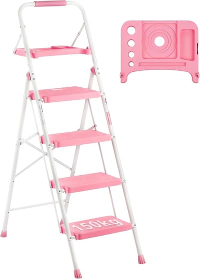 Trapladder 4 treden - Opvouwbare kruk - Huishoudelijk gebruik - Brede antislip pedalen - 150 kg capaciteit - Roze
