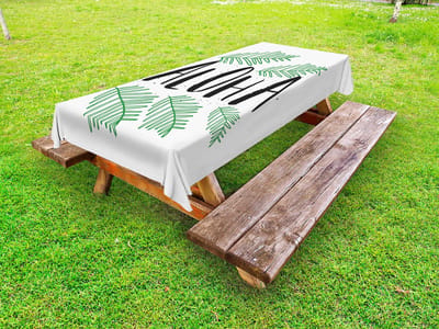 ABAKUHAUS Aloha buitentafelkleed, tropische bladeren en inktachtige tekst, decoratief wasbaar picknicktafelkleed, 145 x 210 cm, houtskoolgrijsgroen