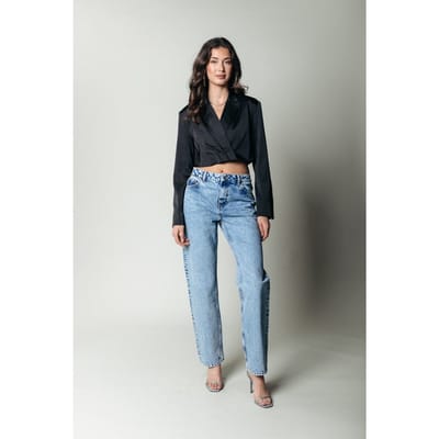 Colourful Rebel Jones - Strass Mid Rise Straight Leg Denim Broek - Blauw - Maat S - Stijlvolle Straight Fit Met Strass Steentjes