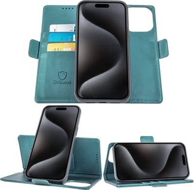Geschikt voor iPhone 15 Pro Book Case Hoesje - Uitneembaar Hoesje - Magnetische Sluiting - Portemonnee Turqoise