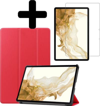 Hoes - Geschikt voor Samsung Galaxy Tab S8 - Met Screenprotector - Trifold Bookcase - Hard Cover - Hardcover Book Case - Tablet Hoesje - Rood