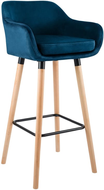 CLP Grant Barkruk - Met rugleuning - Moderne Barstoel - Beukenhouten Poten - Belastbaar tot 150 kg - Velvet - Fluweel - blauw/natura
