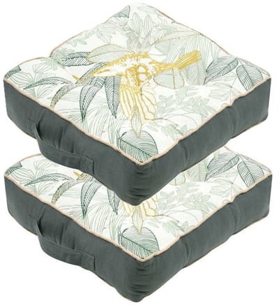 Stof Textile Vloerkussen Leaves - 2x - groen/wit - katoen - 45 x 45 x 10 cm - vierkant - Extra dik - extra zitplaatsen - spelen - gamen - relaxen