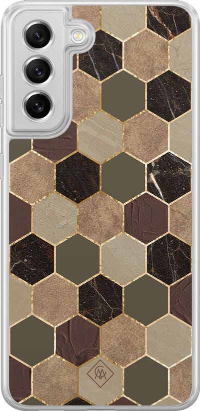 Casimoda® hoesje - Geschikt voor Samsung Galaxy S21 FE - Kubus Groen Bruin - 2-in-1 case - Schokbestendig - Geometrisch patroon - Verhoogde randen - Bruin/beige, Transparant