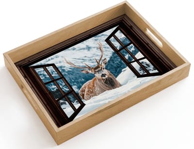 Dienblad hout 40x30 cm - Schootdienblad - Hert - Landschap - Winter - Natuur - Dieren - Doorkijk - Bergen - Borrelplank rechthoek - Plateau dienbladen