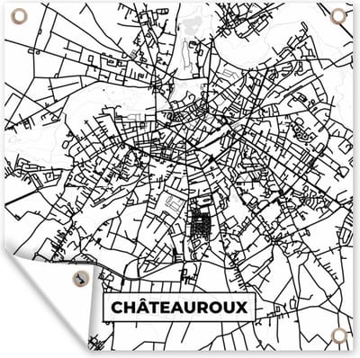 Tuin poster Kaart – Plattegrond – Châteauroux - Frankrijk – Stadskaart - Zwart wit - 200x200 cm - Tuindoek