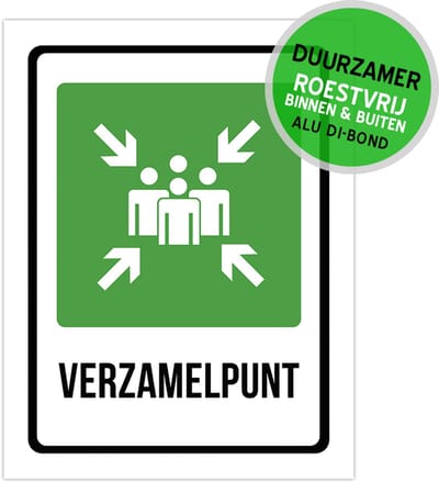 Pictogram/ bord Dibond + boorgaten | "Verzamelpunt" | 27 x 36 cm | Nederlands | Verzamelplaats | Brand | Noodgeval | Calamiteit | Noodsituatie | Roestvrij | 1 stuk