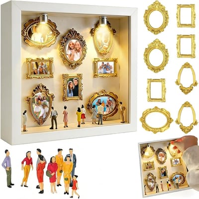 DIY Mini Museum Set - Silhouetten Doos Met Verlichting - 8 Gouden Lijsten En Figuren - Creatief 3D Display - Voor Huwelijk En Jubileum - Wit